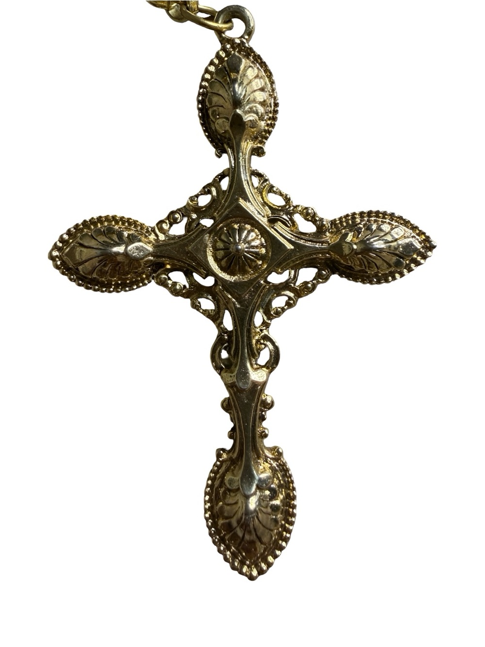 Vintage Large Ornate Cross Pendant Necklace Gold Tone‎ Filigree Rope Chain ART@
